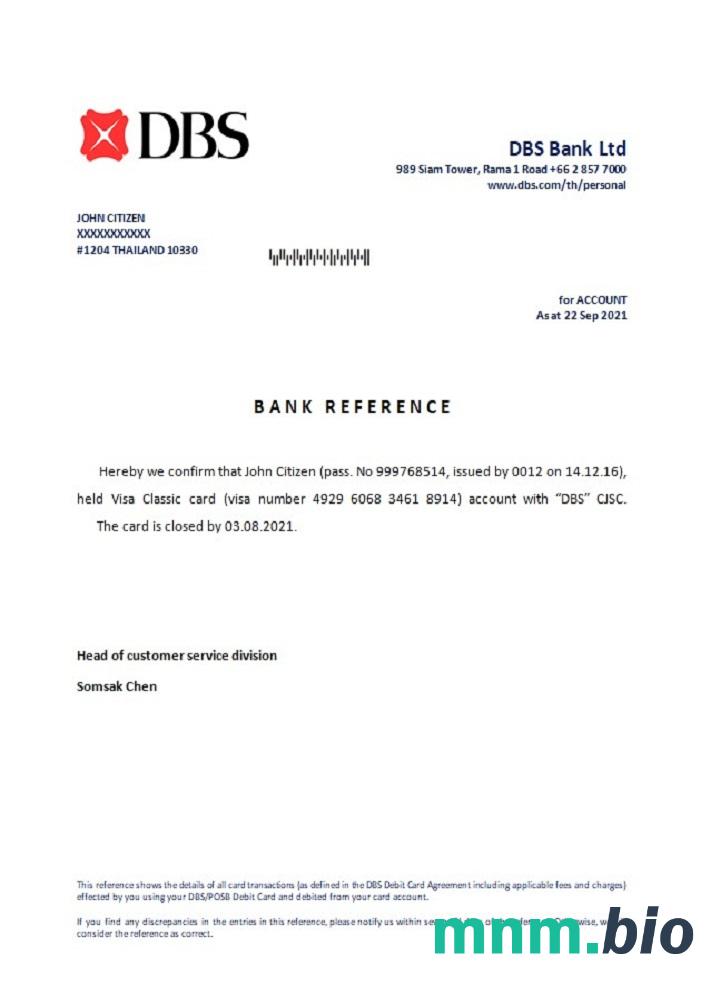 Przykład odniesienia do zamknięcia banku w Tajlandii DBS w formatach Word i PDF